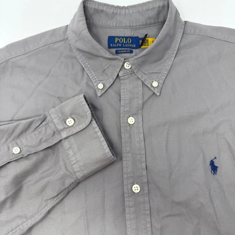 Polo Ralph Lauren Mens XL Classic Fit Grey Canvas Button Down Shirt Long Sleeve